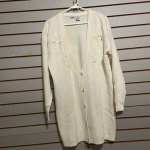 Lucia Cream Embellished Knit Cardigan‎ Duster Sweater Medium Pearls Roses